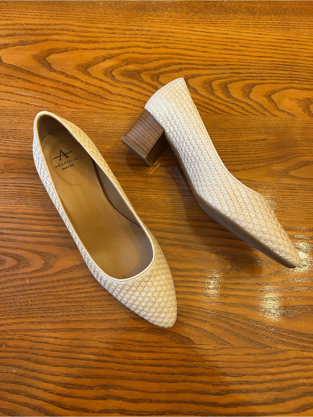 Aquatalia Pasha Waterproof Woven Stacked Heel Pump in Cream